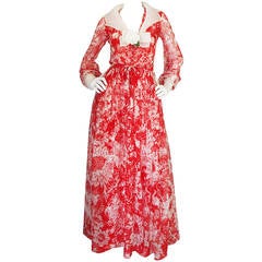 1973 Haute Couture Chanel Red Print Silk Dress 12