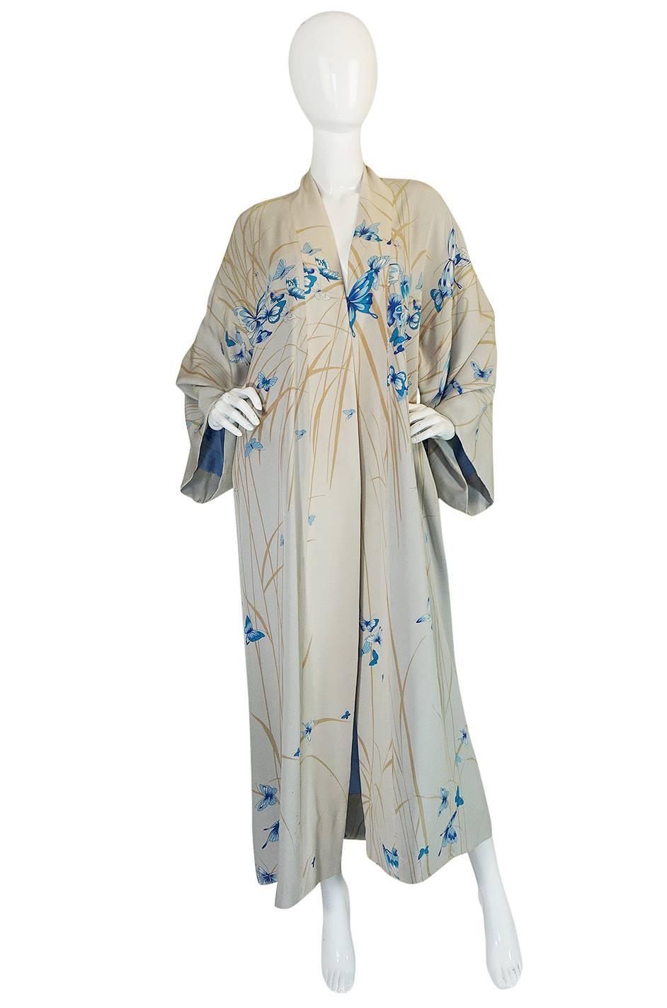 Gray 1970s Hanae Mori Palest Blue Butterfly Silk Kimono