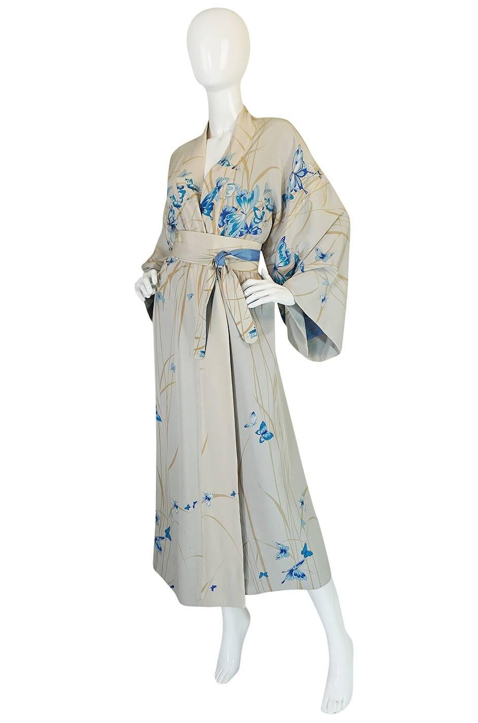 1970s Hanae Mori Palest Blue Butterfly Silk Kimono In Excellent Condition In Rockwood, ON