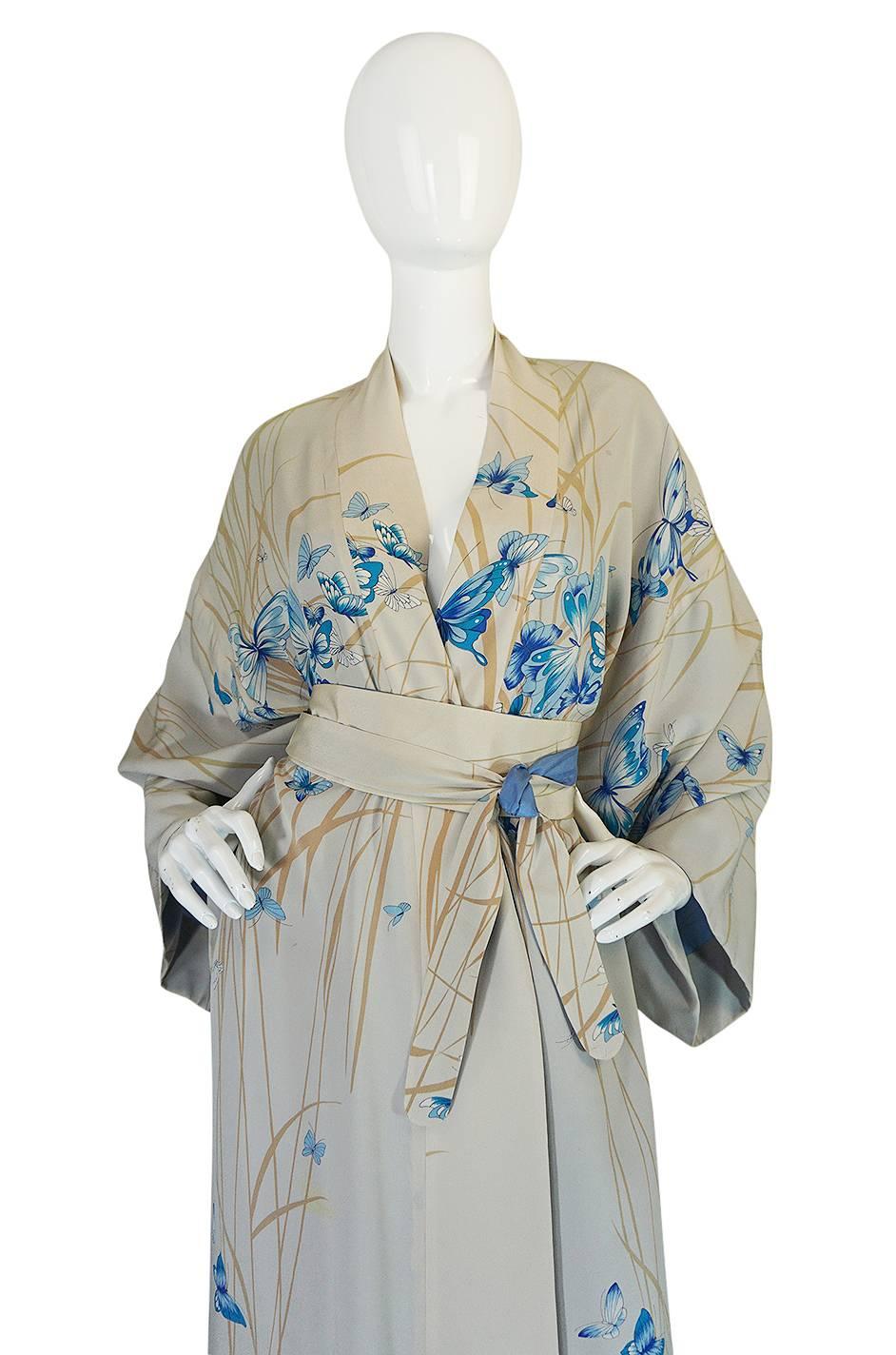 Women's or Men's 1970s Hanae Mori Palest Blue Butterfly Silk Kimono