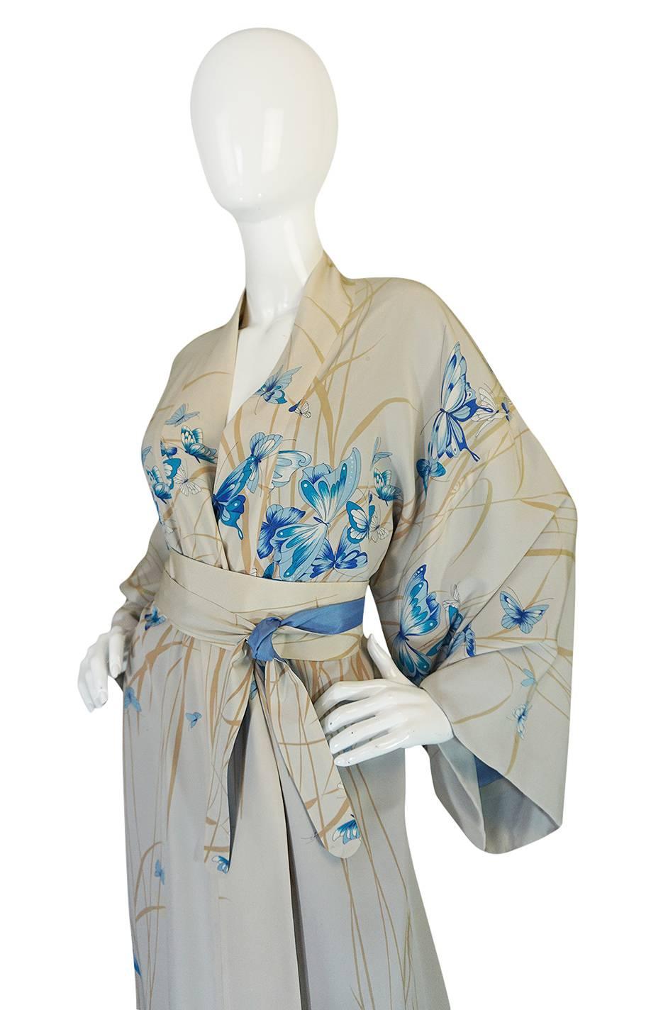 1970s Hanae Mori Palest Blue Butterfly Silk Kimono 1