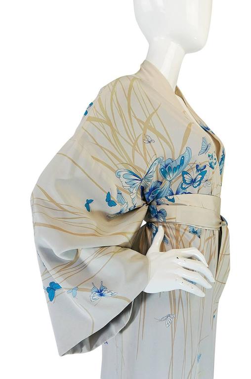 1970s Hanae Mori Red Silk Butterfly Print Kimono
