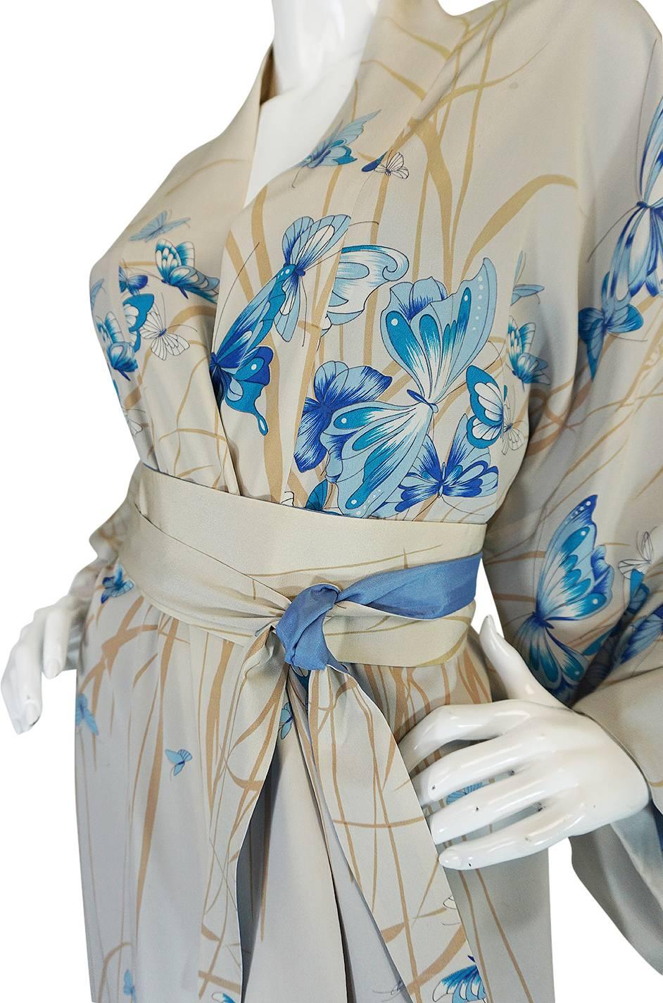 1970s Hanae Mori Palest Blue Butterfly Silk Kimono 3