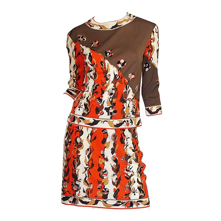 1960s Coral Print Silk Jersey Pucci Skirt & Top Set For Sale