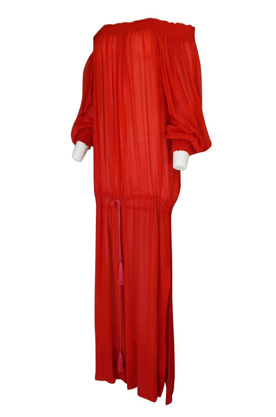 1970s Yves Saint Laurent Red Gauze Multi Length Caftan Dress 2