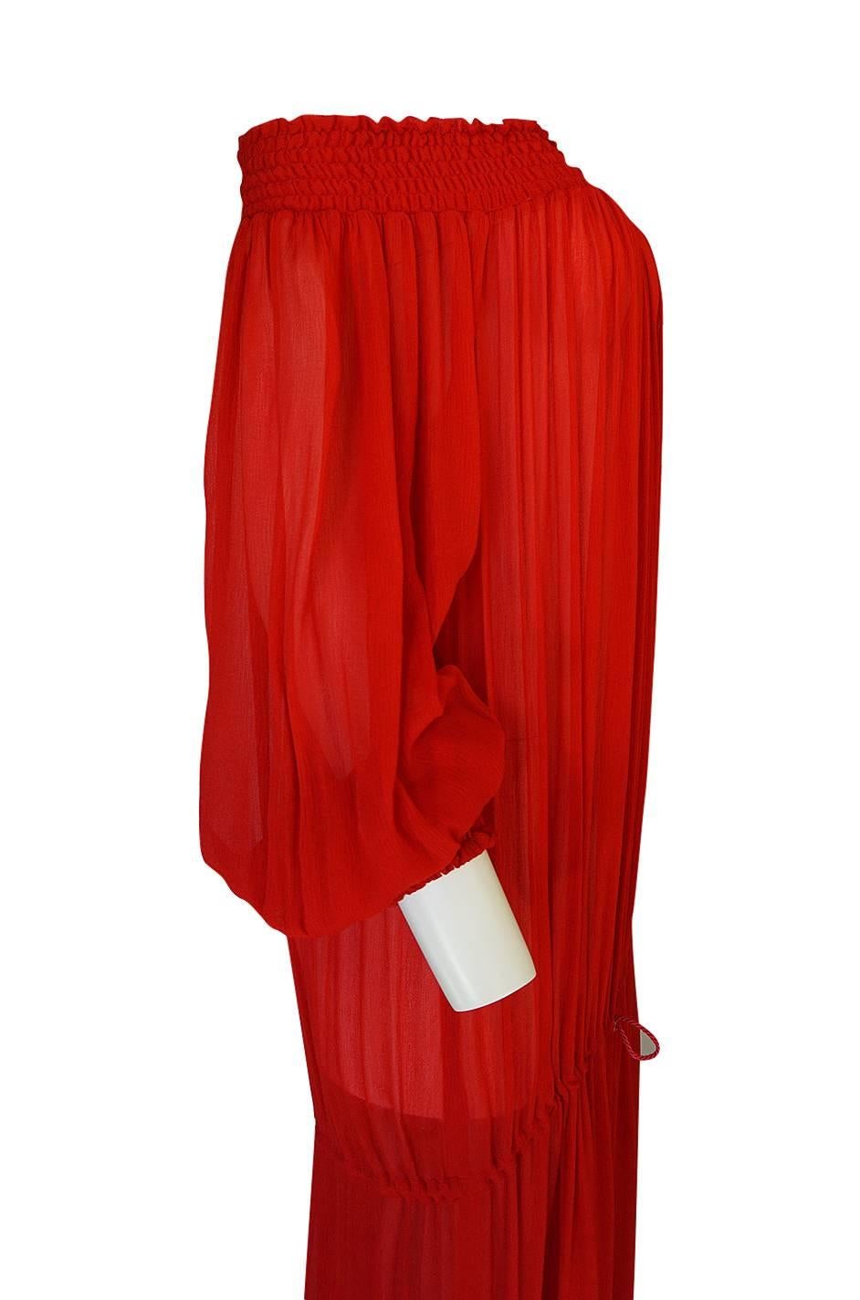 1970s Yves Saint Laurent Red Gauze Multi Length Caftan Dress 5