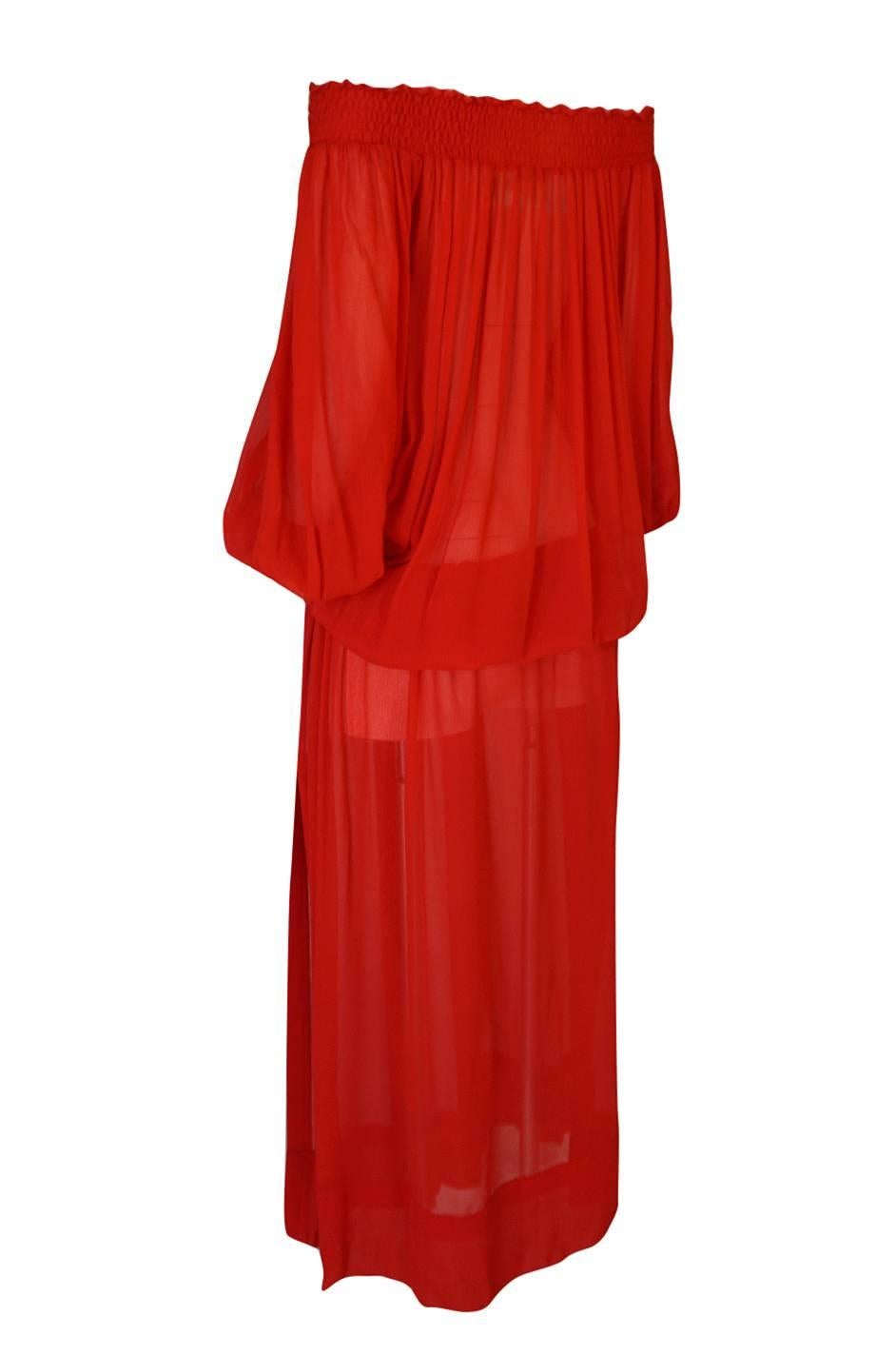 1970s Yves Saint Laurent Red Gauze Multi Length Caftan Dress 1