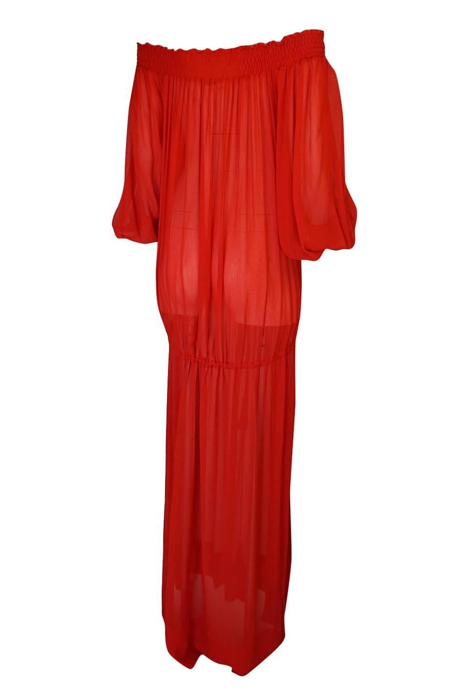 1970s Yves Saint Laurent Red Gauze Multi Length Caftan Dress 3