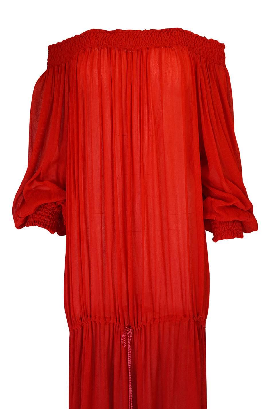 1970s Yves Saint Laurent Red Gauze Multi Length Caftan Dress 4