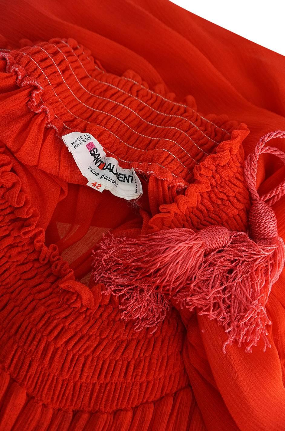 1970s Yves Saint Laurent Red Gauze Multi Length Caftan Dress 6