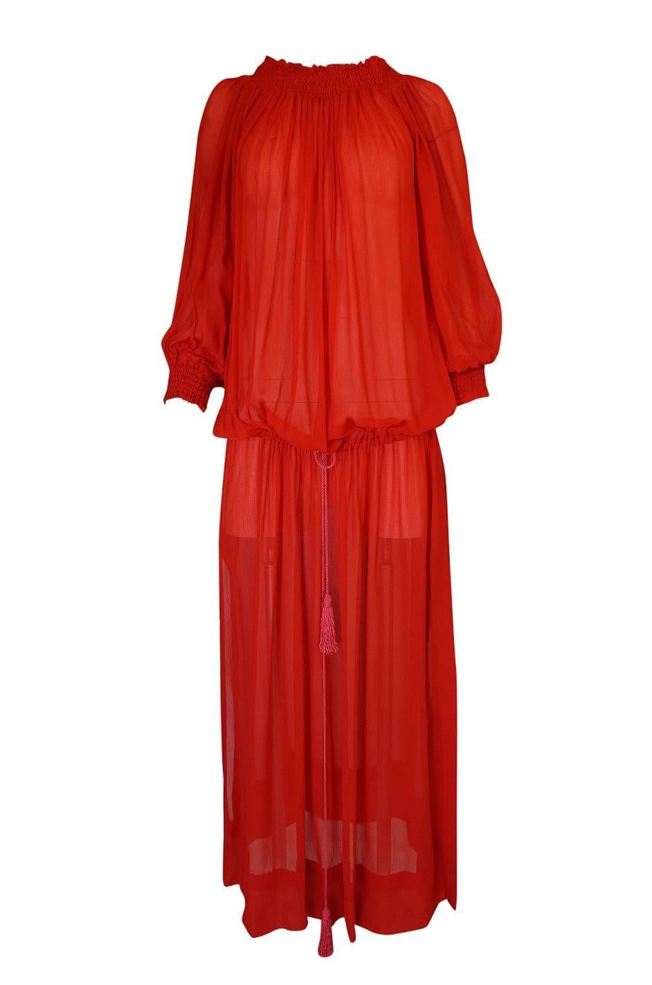 1970s Yves Saint Laurent Red Gauze Multi Length Caftan Dress In Excellent Condition In Rockwood, ON