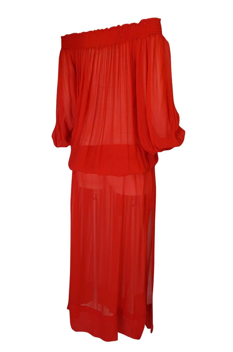 Women's 1970s Yves Saint Laurent Red Gauze Multi Length Caftan Dress
