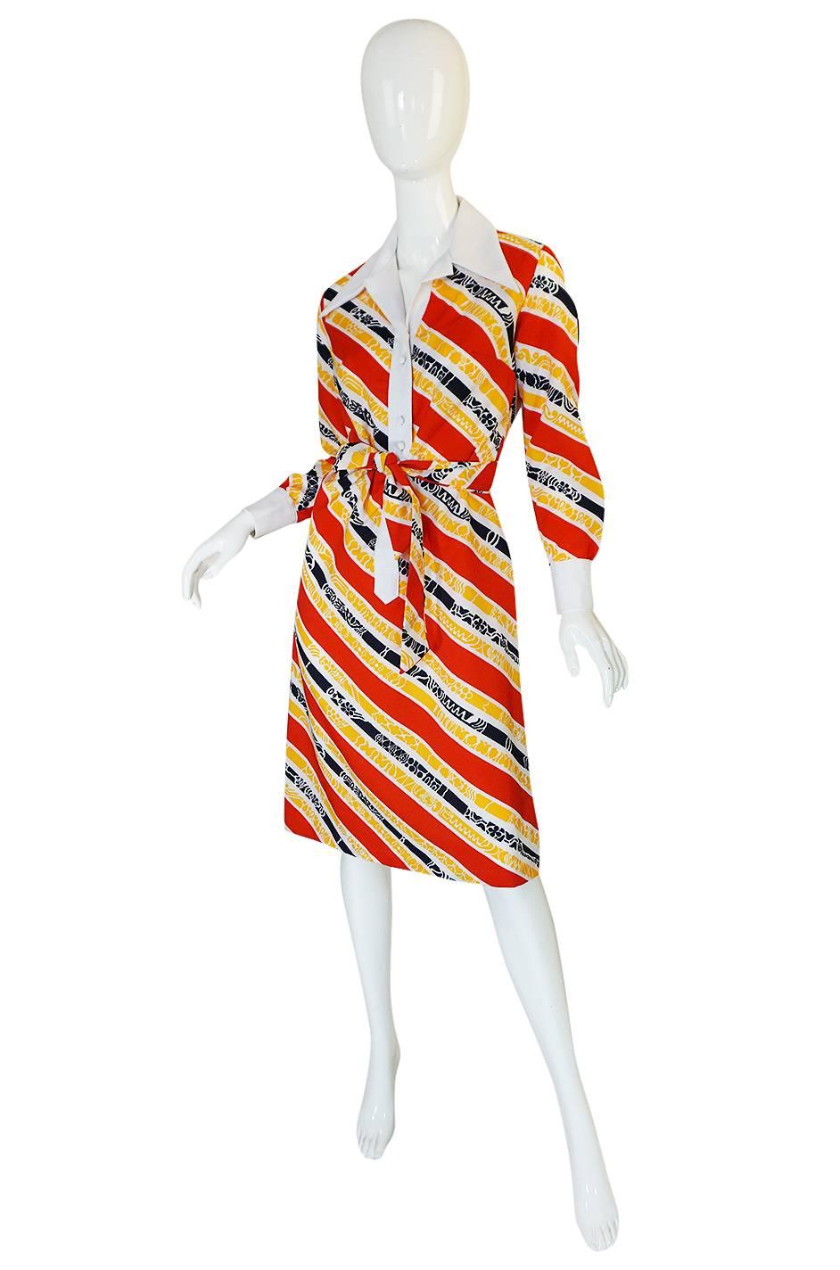 Beige 1970s Lanvin Bright Red & Yellow Stripe Printed Shirt Dress