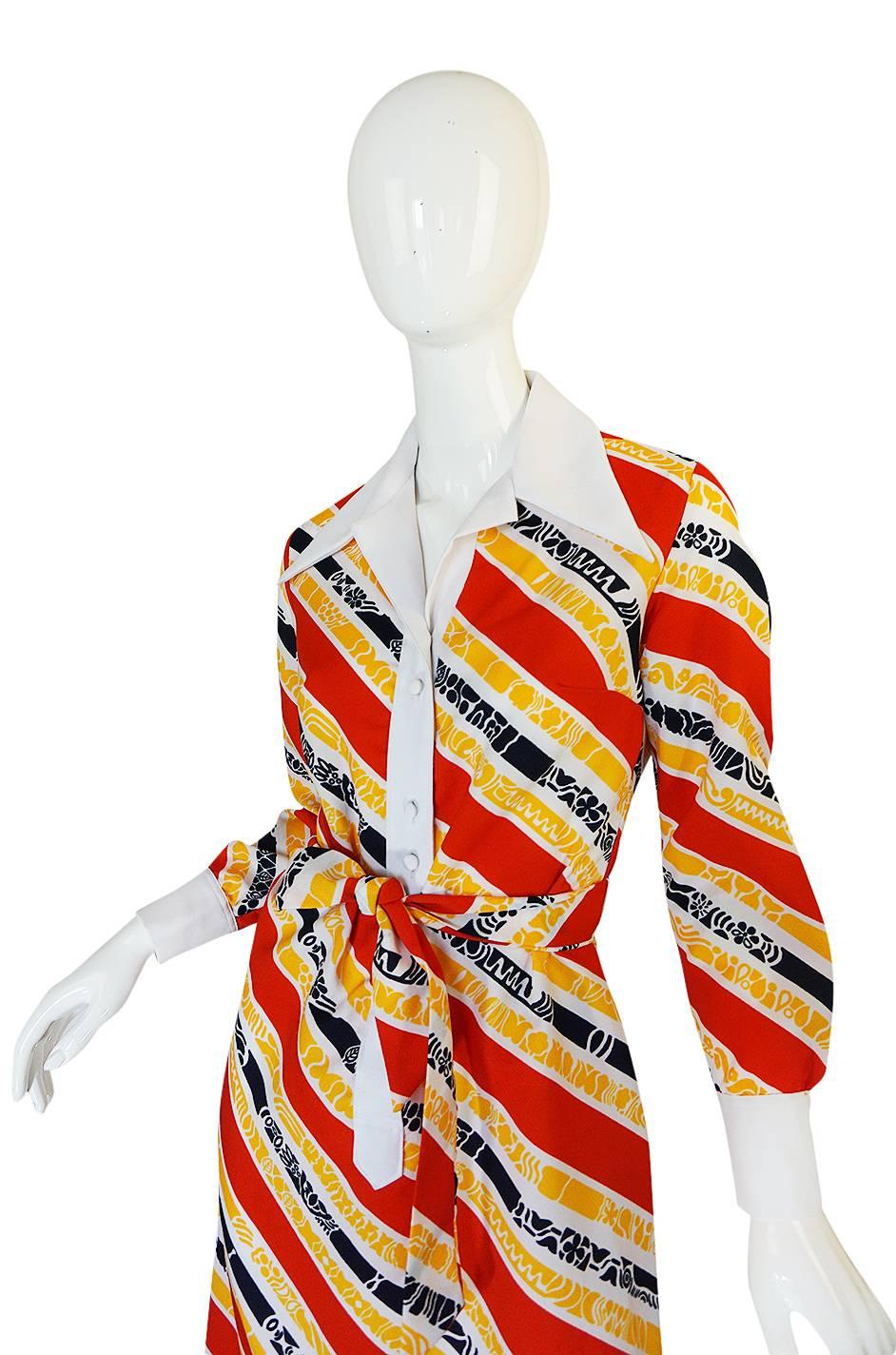 1970s Lanvin Bright Red & Yellow Stripe Printed Shirt Dress 1