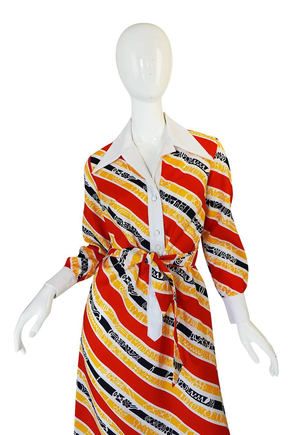 Women's 1970s Lanvin Bright Red & Yellow Stripe Printed Shirt Dress