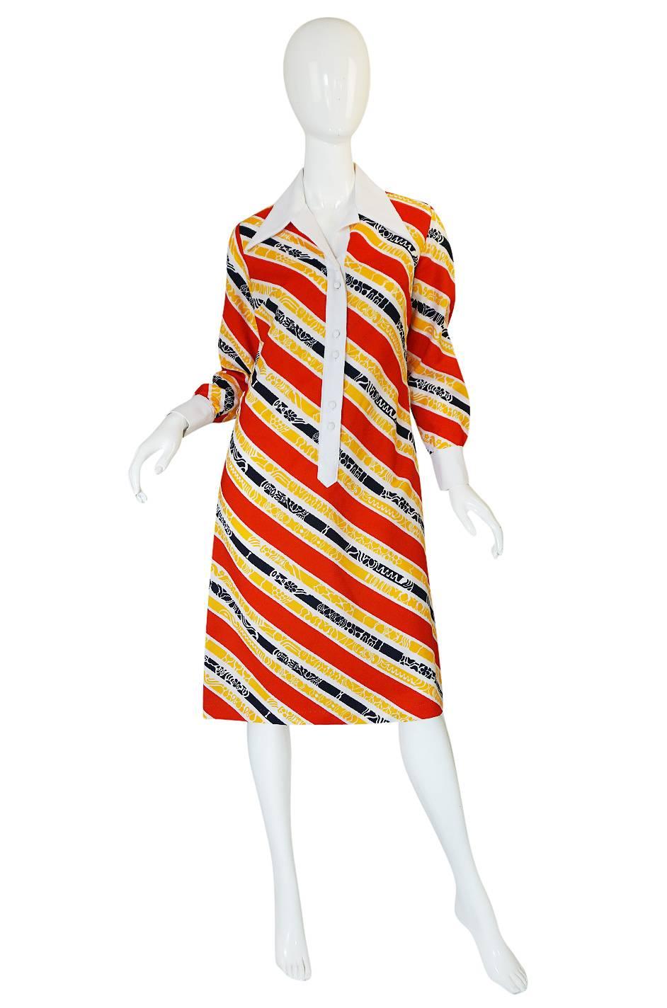 1970s Lanvin Bright Red & Yellow Stripe Printed Shirt Dress In Excellent Condition In Rockwood, ON