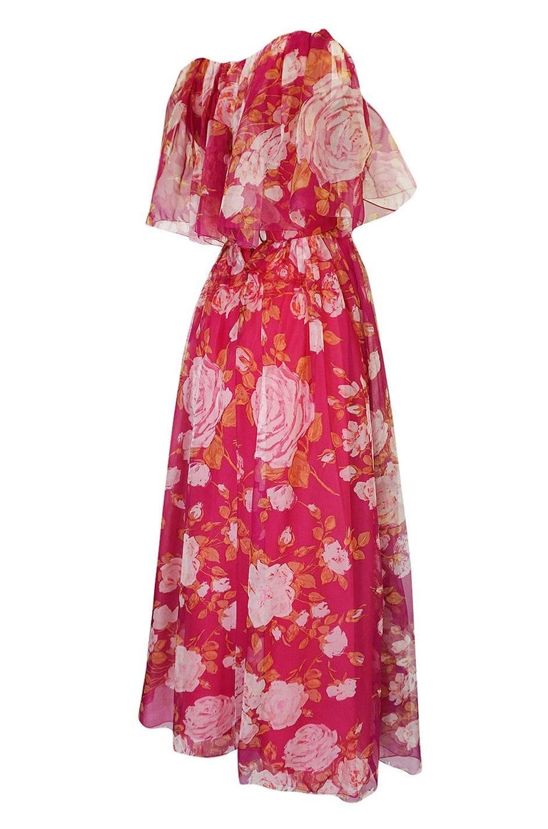 1960s Jean Louis Floral Silk Chiffon Dress With Caped Neckline For Sale ...