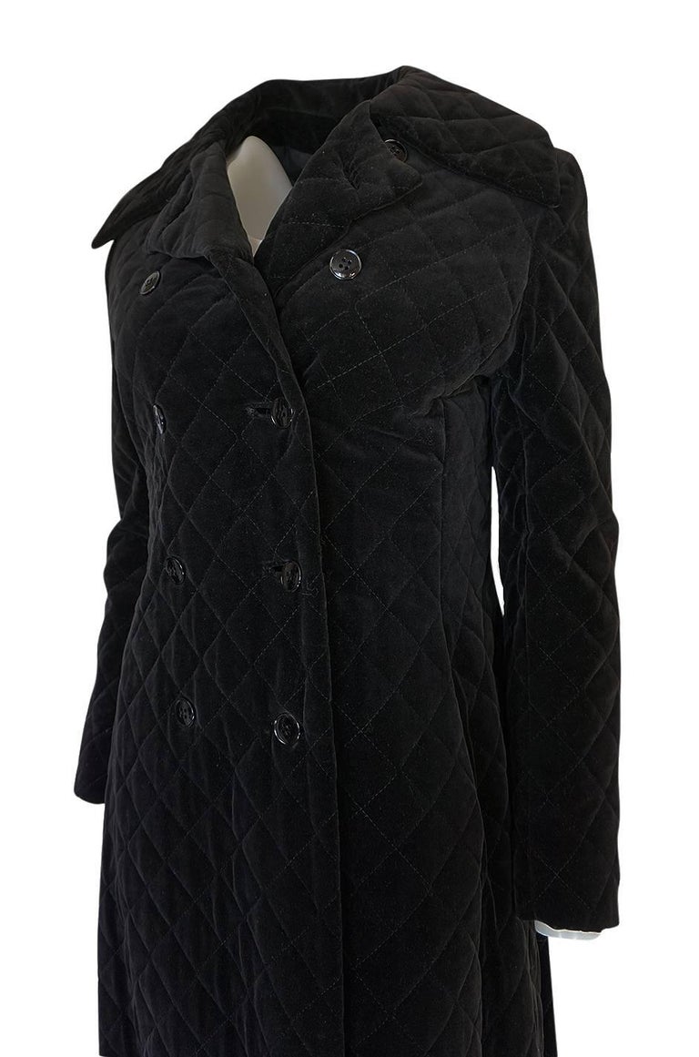 1960s Double Breasted Black Quilted Velvet Great Coat For Sale at 1stdibs
