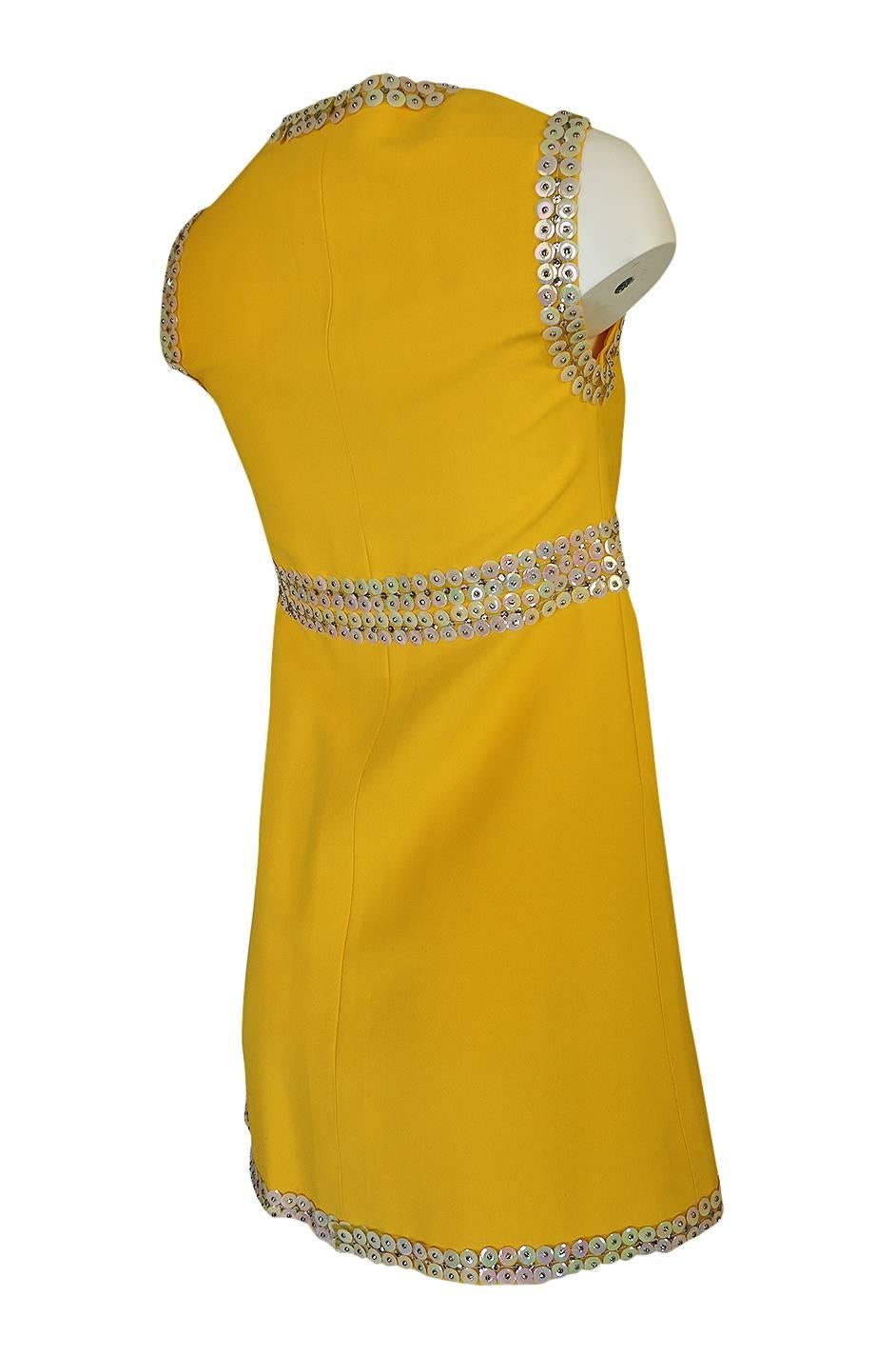 For the 1967 Chloe Collection Karl Lagerfeld did sequins, paillettes and studs on short little dresses. Examples of that collection are held in museums around the world. This wonderful little dress is truly exceptional. I love the bright yellow
