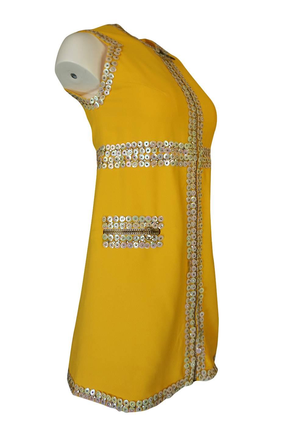 Chloe by Karl Lagerfeld Stud and Paillettes Yellow Mini Dress circa 1967 In Excellent Condition In Rockwood, ON