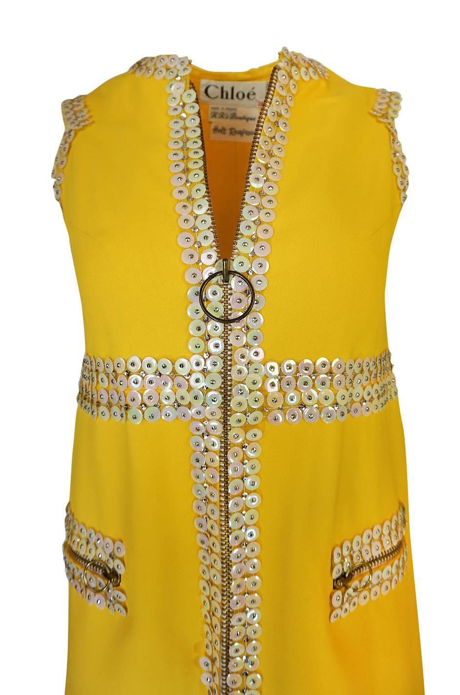 Chloe by Karl Lagerfeld Stud and Paillettes Yellow Mini Dress circa 1967 2