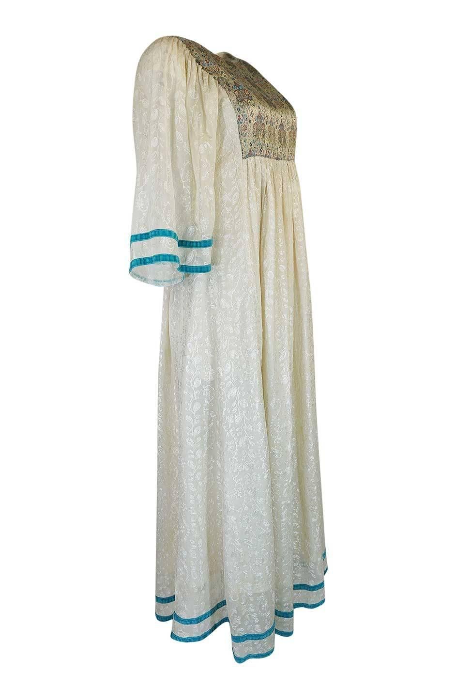 Gray c1968 Thea Porter Embroidered Ivory & Brocade 'Faye' Dress