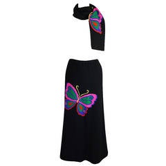 Vintage 1970s Hanae Mori Knit Butterfly Skirt & Scarf