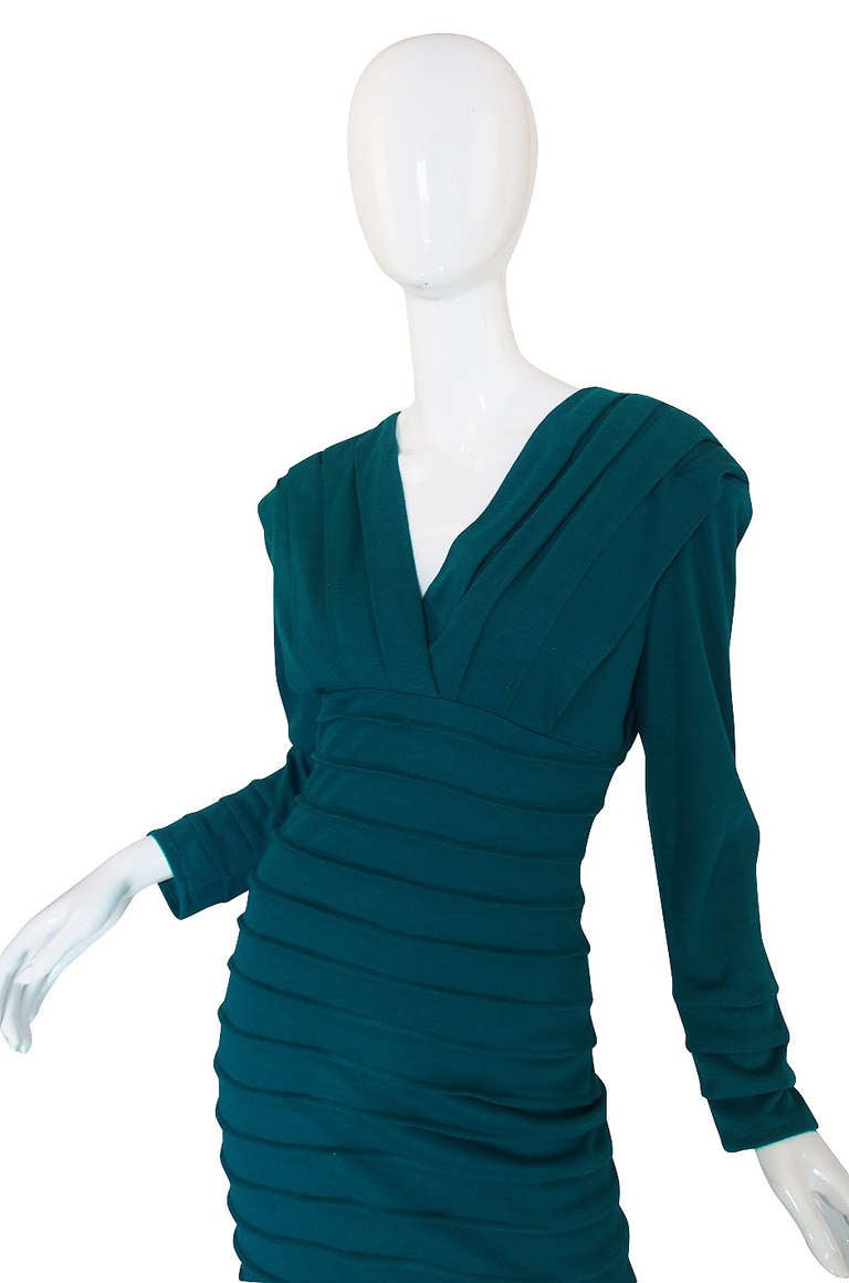 Women's 1980s Teal Zandra Rhodes Ribbed Fitted Dress