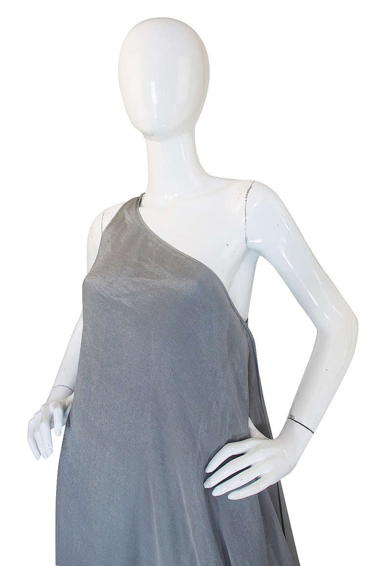 1980s Donna Karan Silver One Shoulder Gown 1