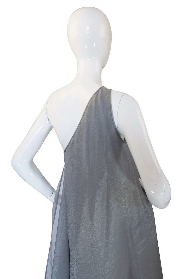 1980s Donna Karan Silver One Shoulder Gown 2