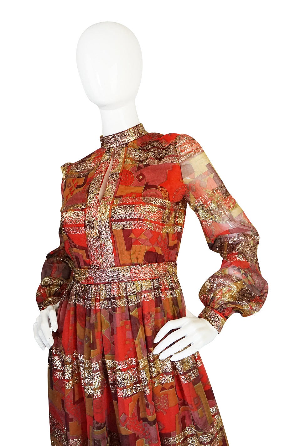 Women's 1960s Metallic Malcolm Starr Printed Organza Dress For Sale