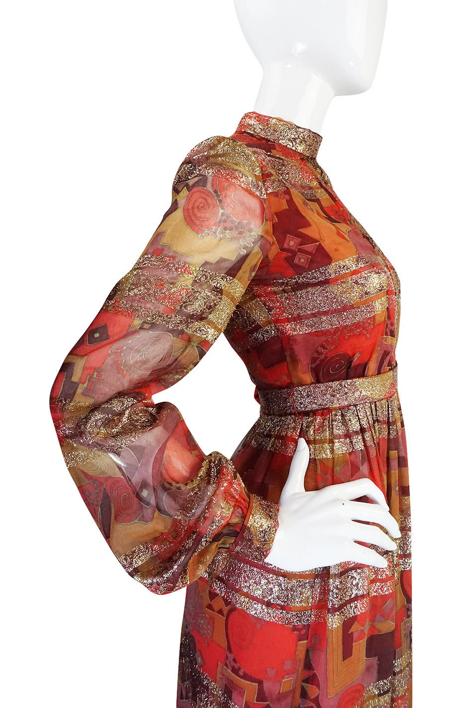 1960s Metallic Malcolm Starr Printed Organza Dress For Sale 2