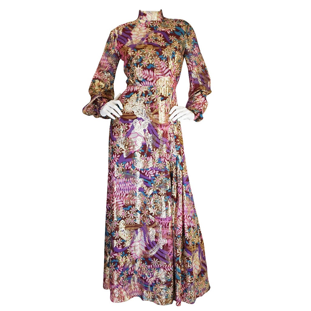 1960s Metallic Silk Chiffon Malcolm Starr Dress For Sale