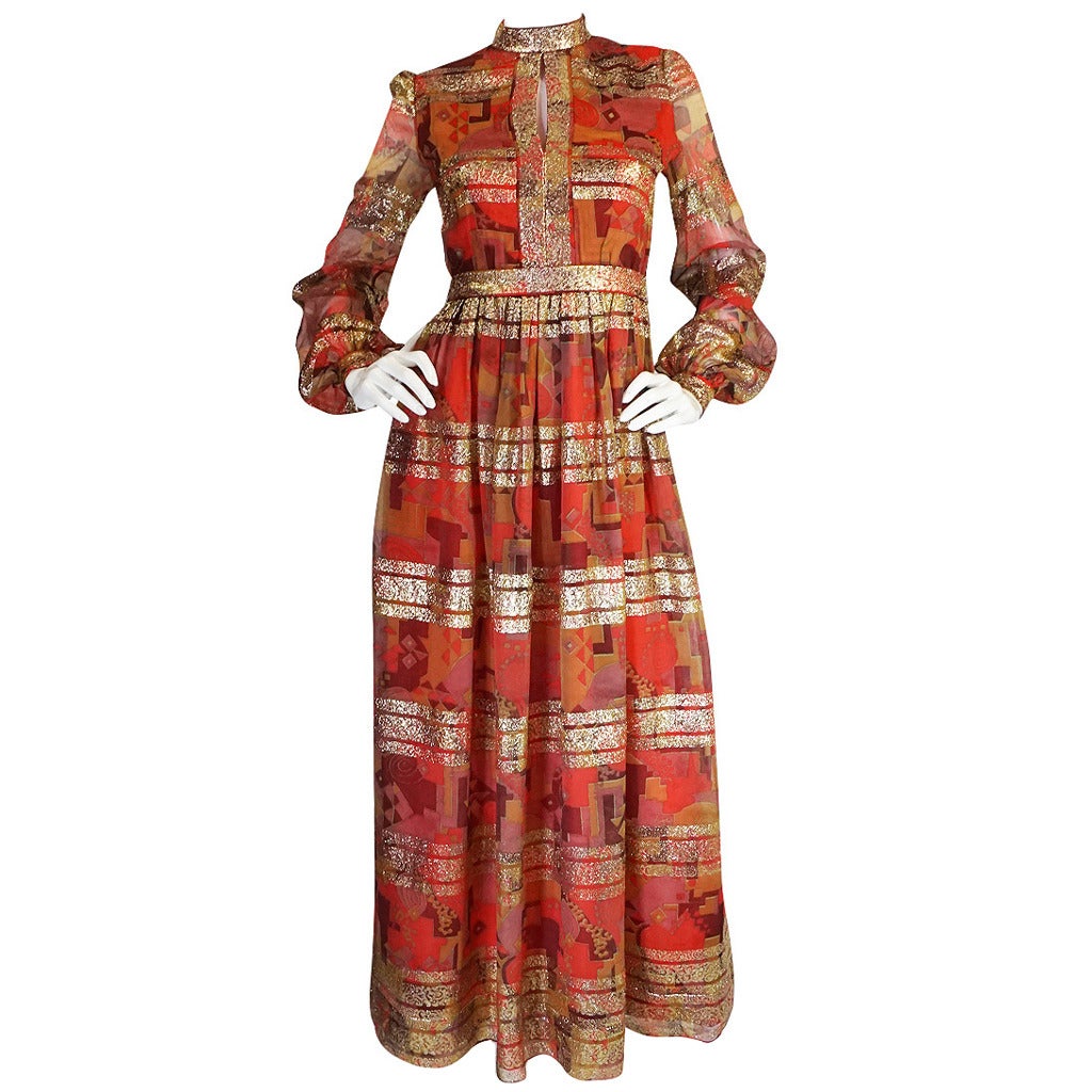 1960s Metallic Malcolm Starr Printed Organza Dress For Sale