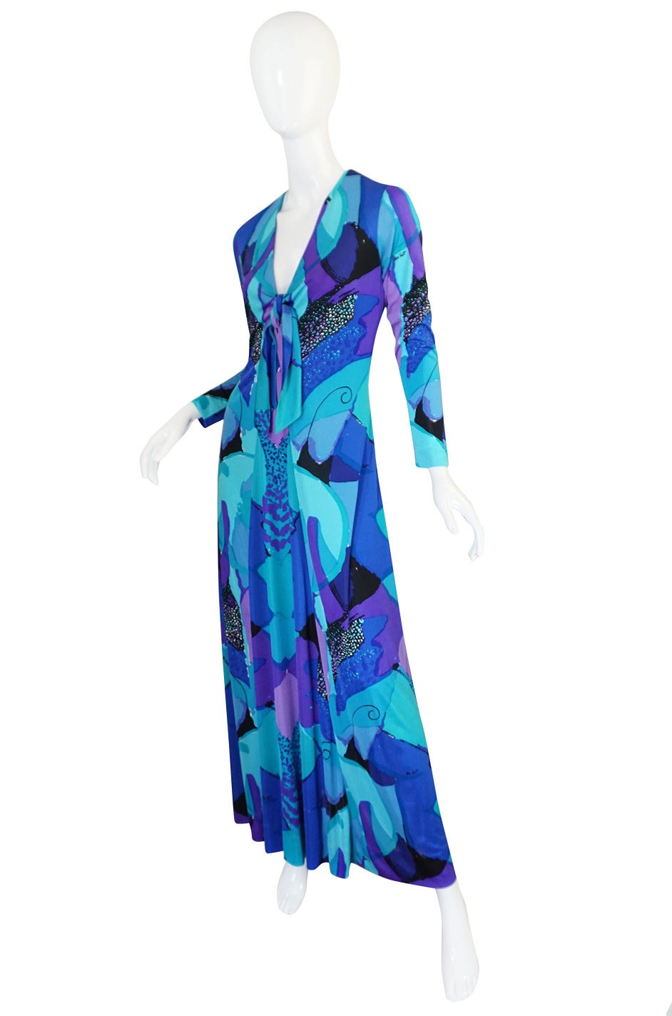1960s Ocean Blues Ken Scott Hand Printed Jersey Dress In Excellent Condition In Rockwood, ON