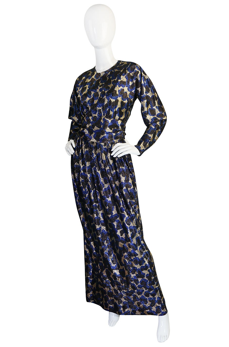 c1973 Incredible Halston Gold & Blue Metallic Silk Dress In Excellent Condition In Rockwood, ON
