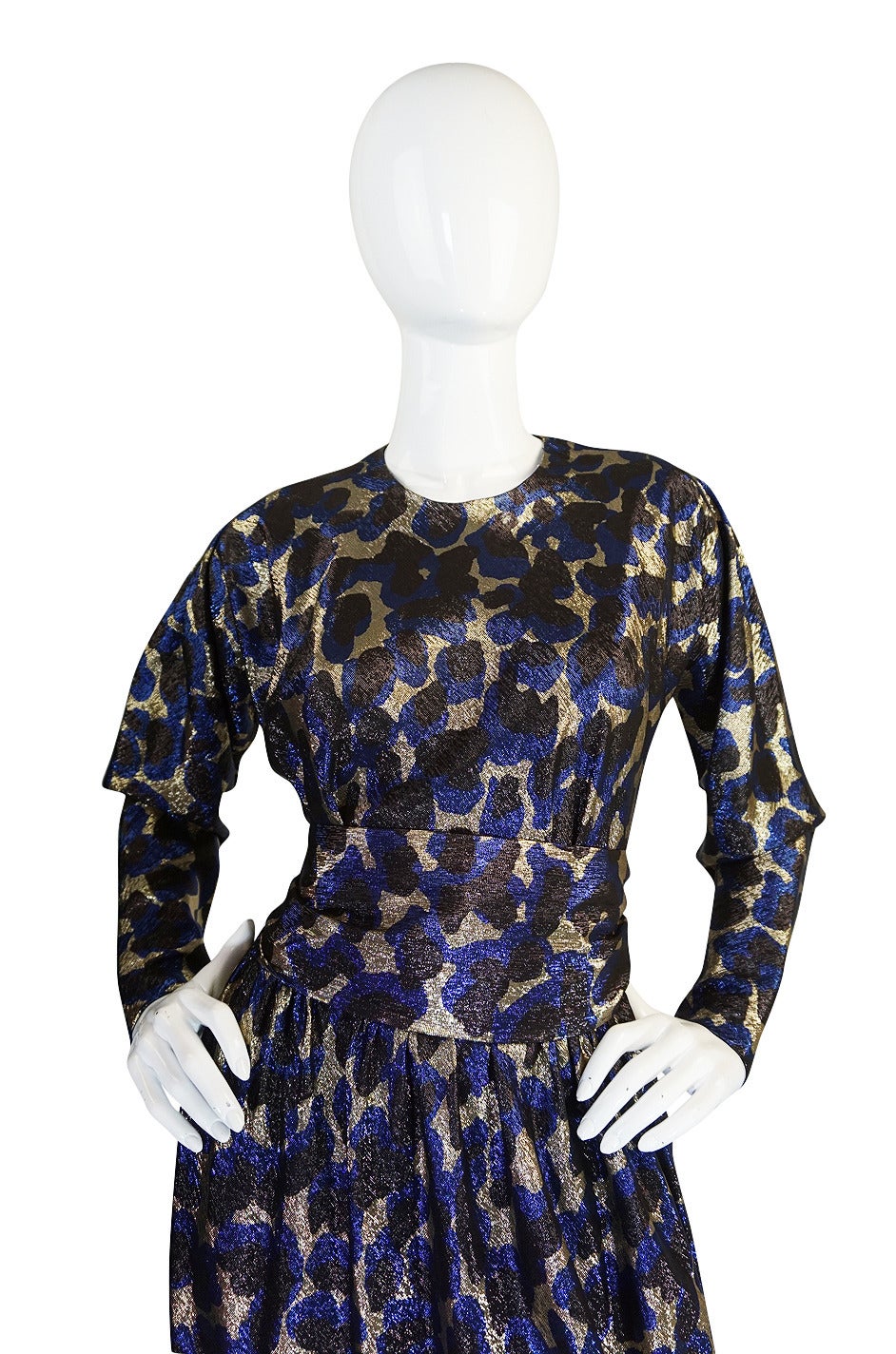 c1973 Incredible Halston Gold & Blue Metallic Silk Dress 2