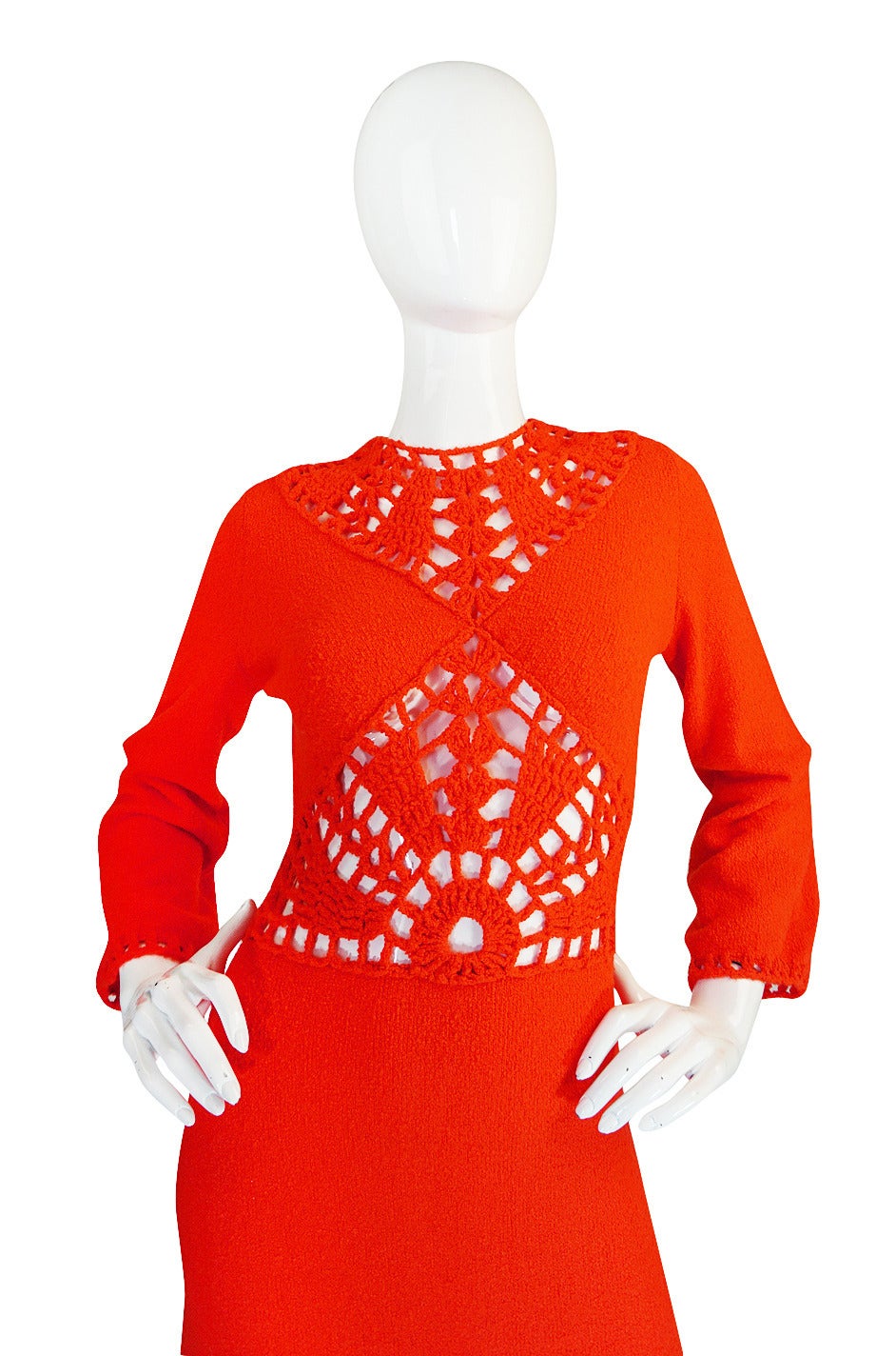 Women's 1970s Open Weave Cut Out Crochet Red Knit Dress For Sale