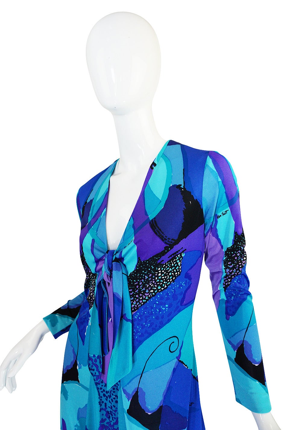 1960s Ocean Blues Ken Scott Hand Printed Jersey Dress 1