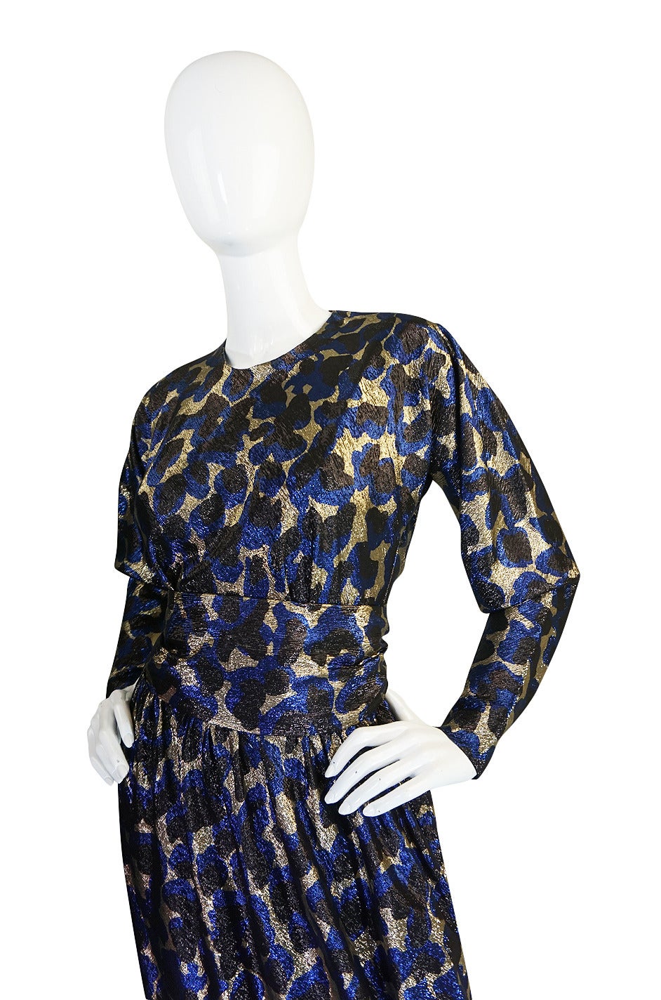 c1973 Incredible Halston Gold & Blue Metallic Silk Dress 3