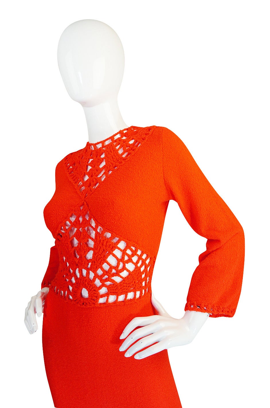1970s Open Weave Cut Out Crochet Red Knit Dress For Sale 3