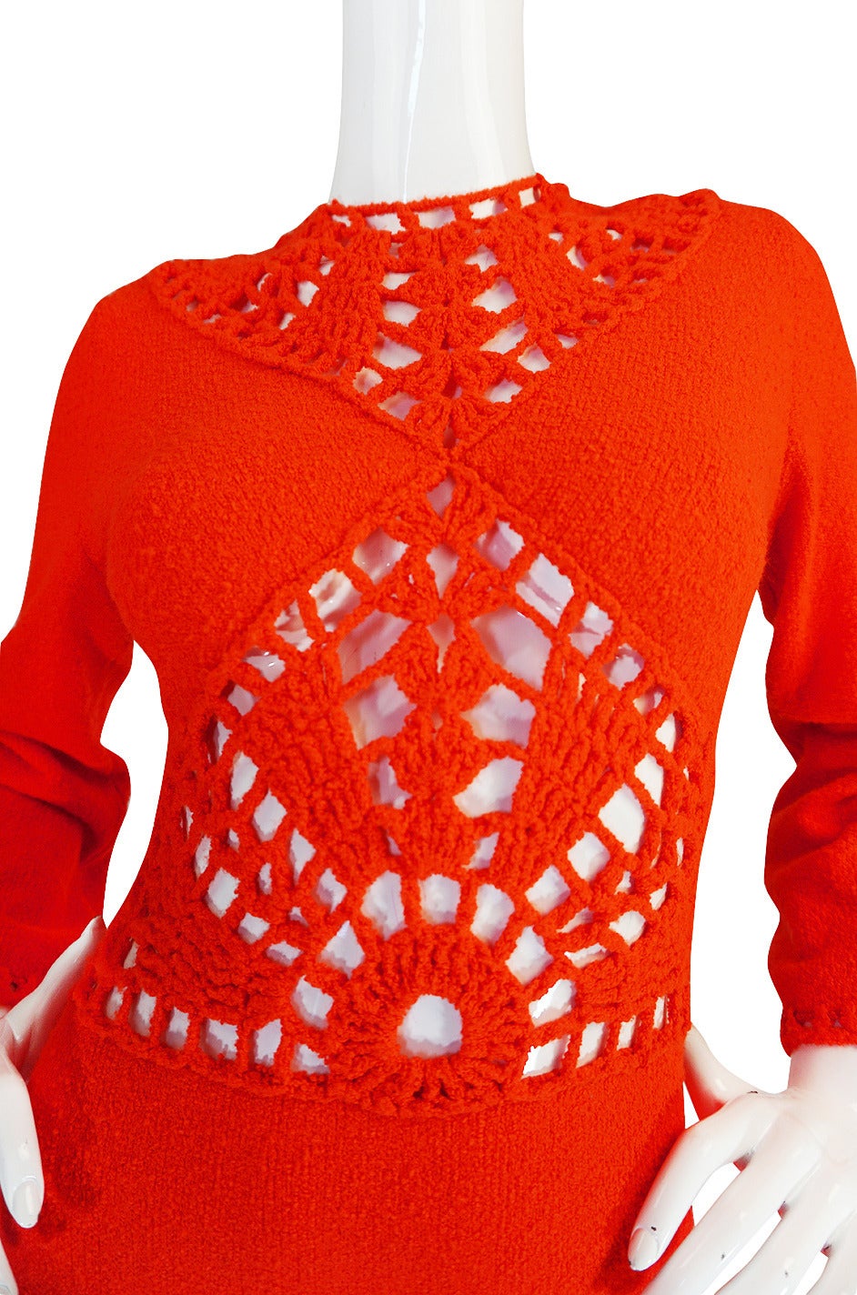 1970s Open Weave Cut Out Crochet Red Knit Dress For Sale 4