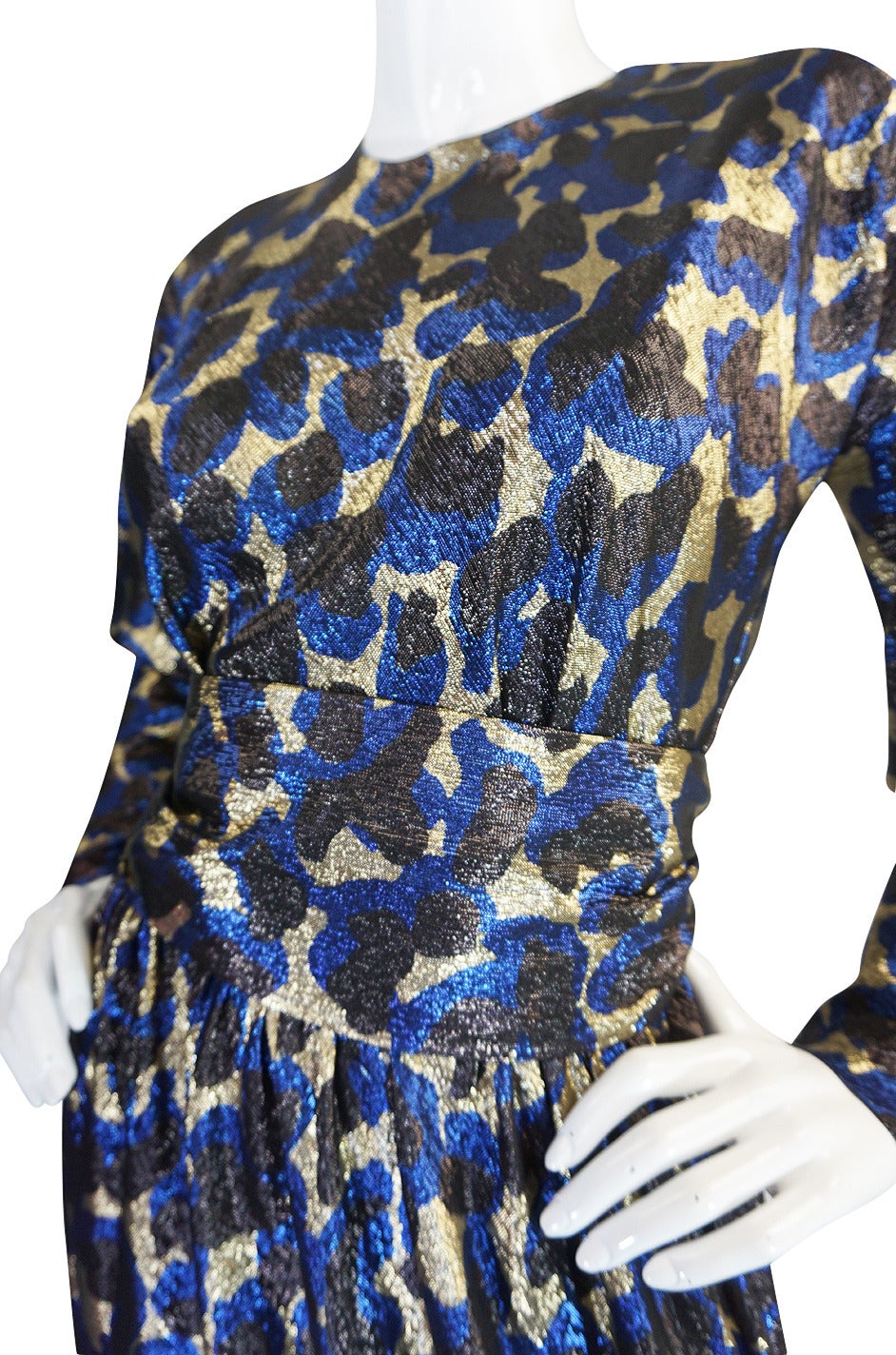 Women's c1973 Incredible Halston Gold & Blue Metallic Silk Dress