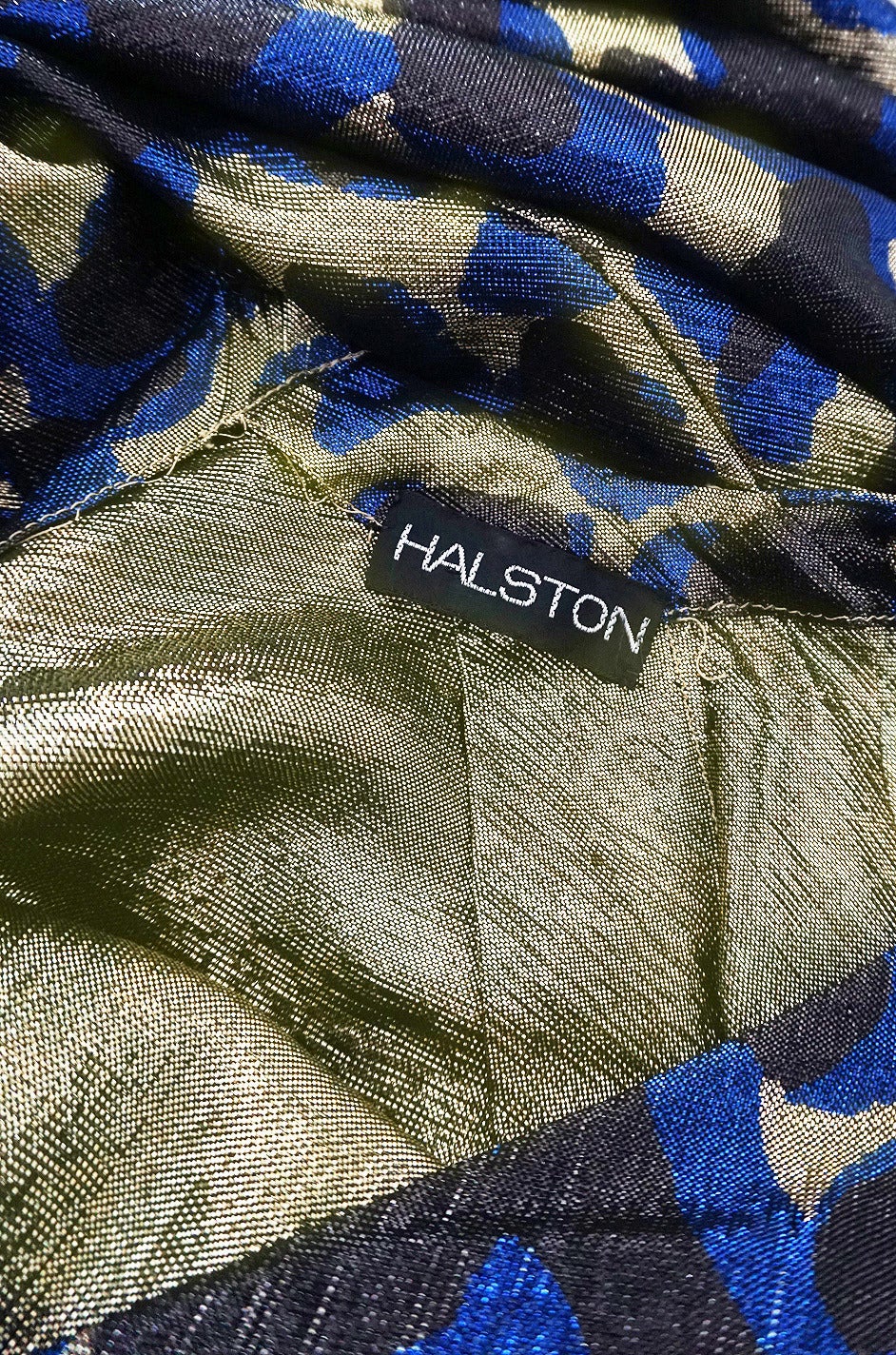c1973 Incredible Halston Gold & Blue Metallic Silk Dress 5