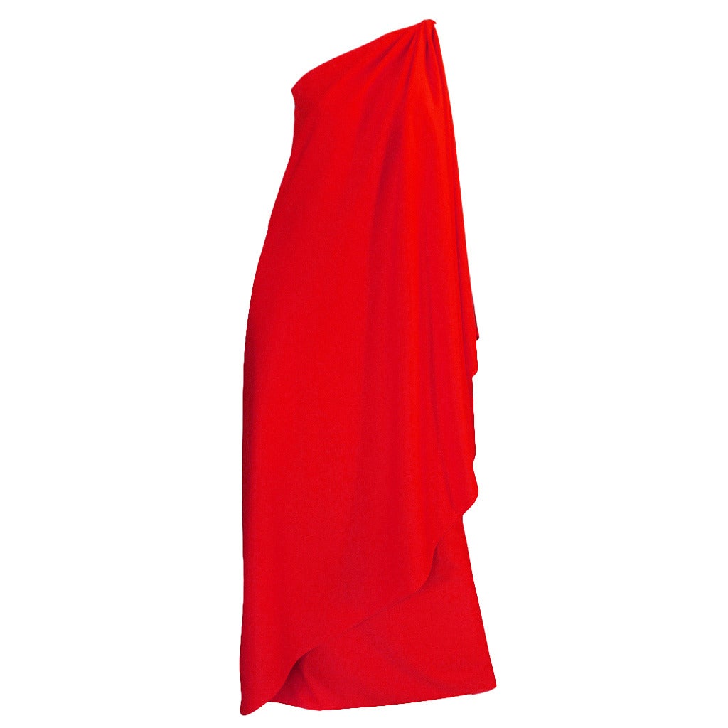 1970s One Shoulder Red Jersey Halston Dress For Sale