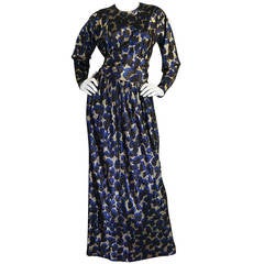 c1973 Incredible Halston Gold & Blue Metallic Silk Dress