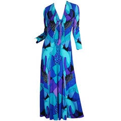 Vintage 1960s Ocean Blues Ken Scott Hand Printed Jersey Dress