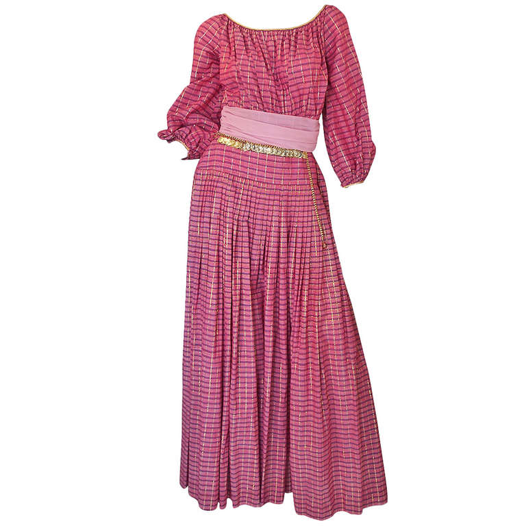 1960s Pat Sandler Pink & Gold Maxi Dress For Sale