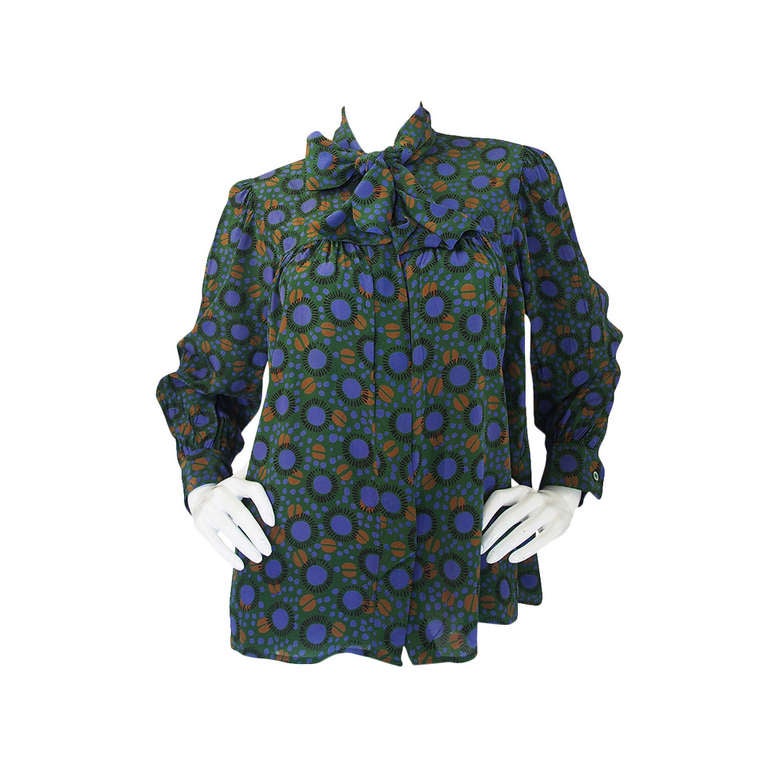 1970s Yves Saint Laurent Green Print Silk Top