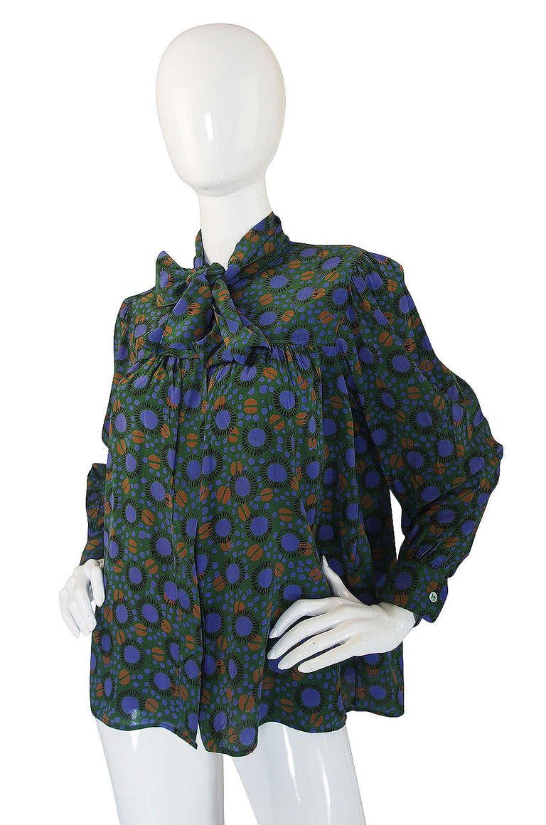 1970s Yves Saint Laurent Green Print Silk Top In Excellent Condition In Rockwood, ON